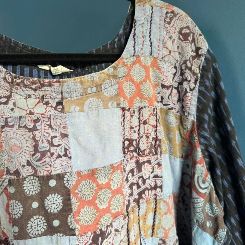 Marketplace Patchwork Blouse Women's Plus Size 3W Blue‎ Cotton Hippie Boho